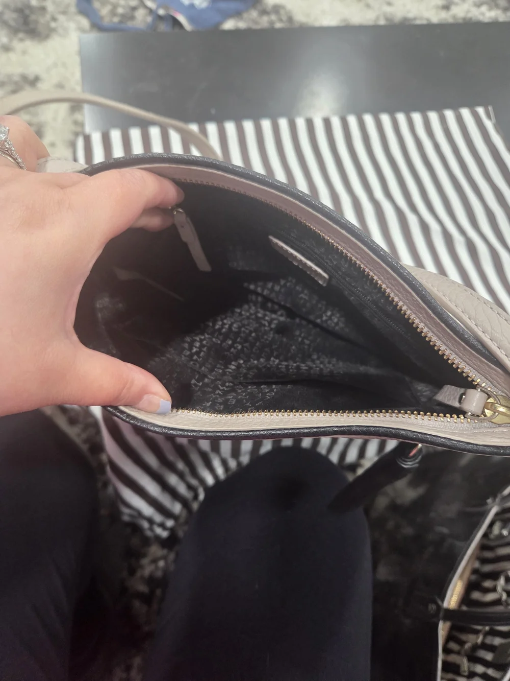 kate spade Pebbled Leather Crossbody in Taupe with Black Tassel